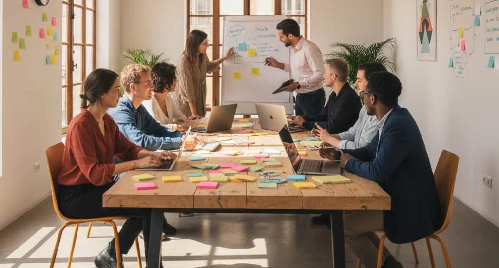 Creative Brainstorming Session – Event Management Barcelona International creative team collaborating during a strategy meeting in Barcelona for event planning by CREA Group Events.